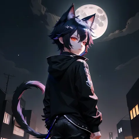 anime character dressed in black standing in front of a full moon, vrchat, boy with cat ears and tail, lalafell, lineless, emo boy with cat ears and tail, with glowing red eyes, sora as a cat, with glowing eyes, with red glowing eyes, nekomimi, glowing eye...