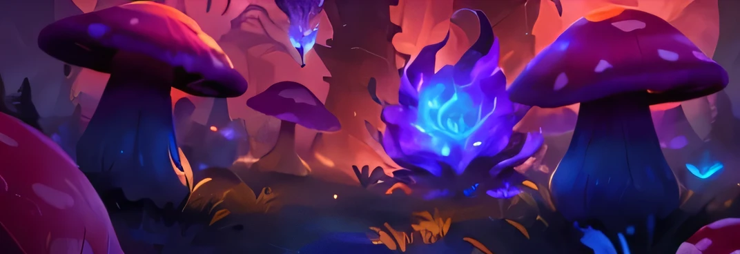 a close up of a mushroom field with a fire in the middle, purple fire around magic arena, glowing blue mushrooms in mire, heartstone original art style, aurelion sol, astri lohne, splash art, painted in the style arcane, stylized art, background artwork, a...