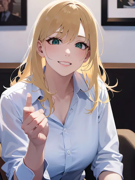 (looking away:1.5),side angle,upper body,waving hand,
(pale skin: 1.2),  shiny skin, shiny hair、
(A 2 woman with medium-length hair and bangs) and (wavy hair) and (Blonde Hair) and (green eyes) , 
(white collared shirt) ,Sitting、
grin smile,The background ...