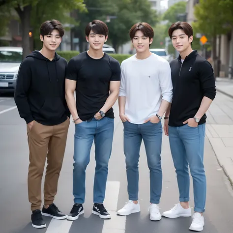 a four-man korean handsome group stands side by side smiling in the street, muscular, casual clothing, teenager, full body, a pi...