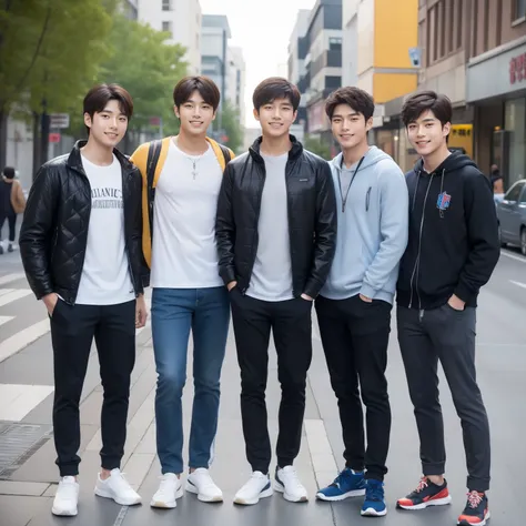 a four-man korean handsome group stands side by side smiling in the street, athletic, casual clothing, teenager, full body, a pi...