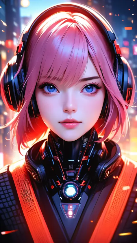 1girl, detailed beautiful face, headphones, aesthetic japanese urban fantasy, futuristic cyberpunk city, japanese folklore, vect...