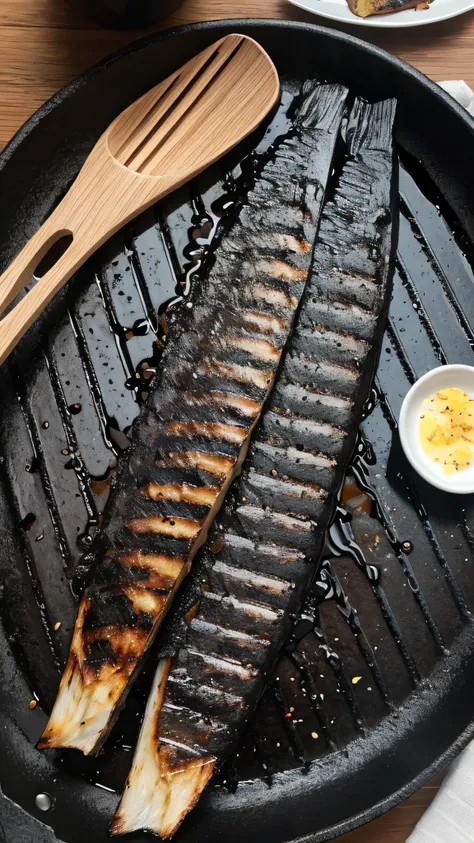 Grilled saury turns to charcoal