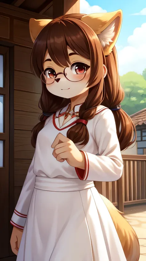 salsa_comics, salsa_furry,very young  ，glasses，mameshiba, brown hair, twin tails, yellow eyes, small breasts, detailed body fur,...