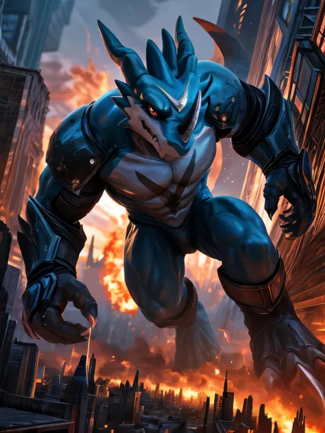 exveemon male, wearing only glassy cyborg armor, ((full body)), macro in miniscule city, hi res, detailed background, photorealistic, realistic hands, 8k hd, extreme detail, (dark shadows, wide dynamic range, hdr, low light:1.2), truly villain, being on a ...