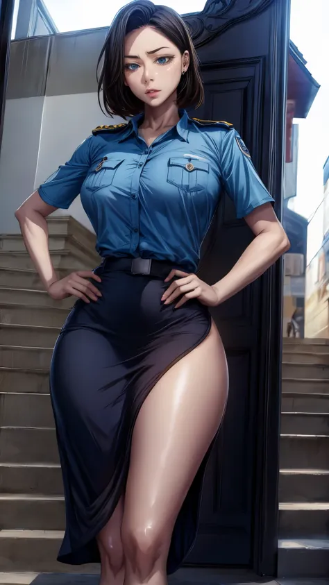 8k、raw、lovey-dovey, woman ,milf, police uniform, blue shirt, black skirt,sexsi, masterpiece,solo girl,