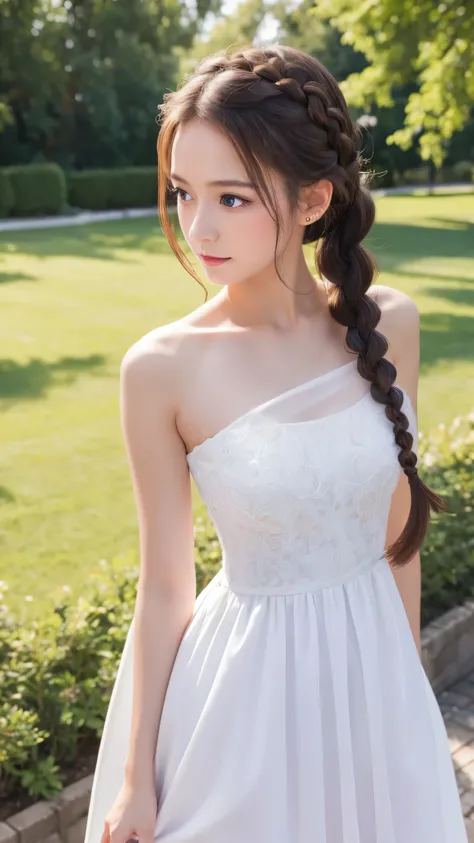 1girl,highres,  high quality,  masterpiece, mxmkWhiteDress,  bare shoulder, purple eyes, white dress, braid