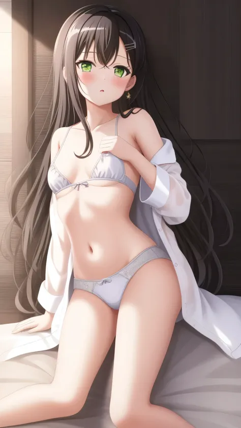 1 girl, masterpiece，underwear, blackhair, thigh, black_,exist your stomach，Green eyes， Long_hair, Chest,  White Pajamas，Transparent Pajamas，Open pajamas，Bare belly，exist_Back, In the bedroom, rear, bangs, Lysis, blush,Lying on exist bed，White，，White，Whole ...