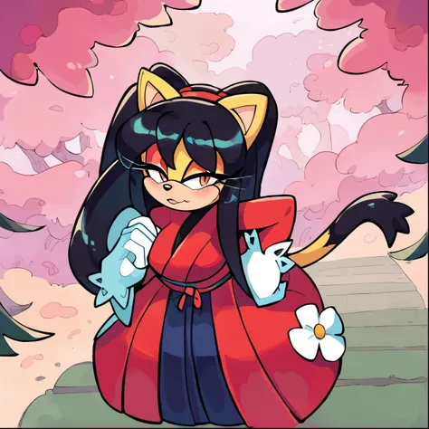 score_9, score_8_up, 2D, flat color, spring background, looking at viewer, 1girl, very detailed, extremely detailed, honey the cat from the sonic the hedgehog series, portrait, above shoulder, a bit tired, shy, sound lines, makeup, hair down, long hair, (S...