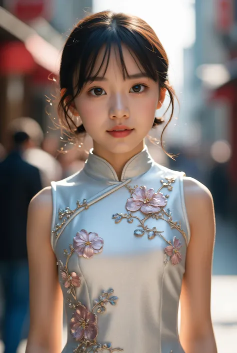 (Very beautiful cute girl), (very cute face:1.2),12 yo, (sparking crystal clear attractive large eyes), beautiful detailed eyes, Detailed double eyelids, (smiling), (realistic photograph:1.2), Super shiny metallic silver gorgeous long sleeves cheongsam, fl...