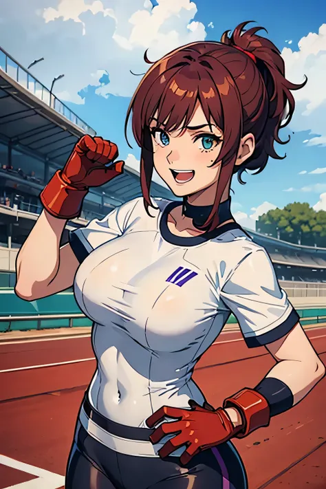 Pipe suit with front opening, White T-shirt, Gloves, Outdoor maintenance area, Big Breasts, Racetrack, light brown hair, short hair, aqua eyes, laughing, purple hair, red hair, medium hair, low ponytail, cowboy shot, high details, textured skin, anatomical...