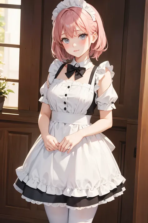 Wearing a maid outfit，blush，Wear white tights