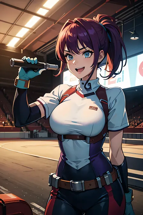 Pipe suit with front opening, White T-shirt, Gloves, Maintenance Tools, Big Breasts, Racetrack, aqua eyes, laughing, purple hair, red hair, medium hair, low ponytail, cowboy shot, high details, textured skin, anatomically correct, masterpiece