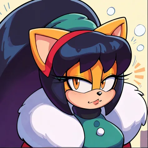 score_9, score_8_up, 2D, flat color, winter background, looking at viewer, 1girl, very detailed, extremely detailed, honey the cat from the sonic the hedgehog series, portrait, above shoulder, a bit tired, sound lines, makeup, hair down, long hair, (winter...