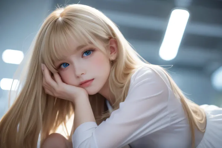 Portrait、Uniform correct expression、Young, lustrous, glowing, white skin、Best Looklonde Reflectors、Extremely long platinum blonde hair with dazzling highlights、Shiny light blonde、Silky straight hair longer than her height、Bangs between the eyes、Shiny, beau...