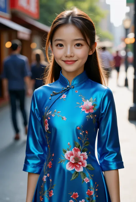 (Very beautiful cute girl), (very cute face:1.2),12 yo, (sparking crystal clear attractive large eyes), beautiful detailed eyes, Detailed double eyelids, (smiling), (realistic photograph:1.2), Super shiny metallic cobalt blue gorgeous long sleeves cheongsa...