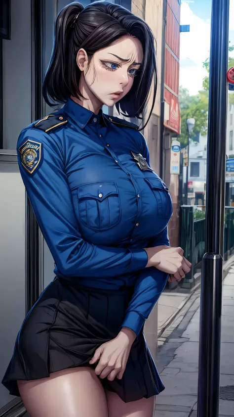 8k、raw、lovey-dovey, angry face , woman ,milf, police uniform, blue shirt, black skirt,sexsi, masterpiece,solo girl,