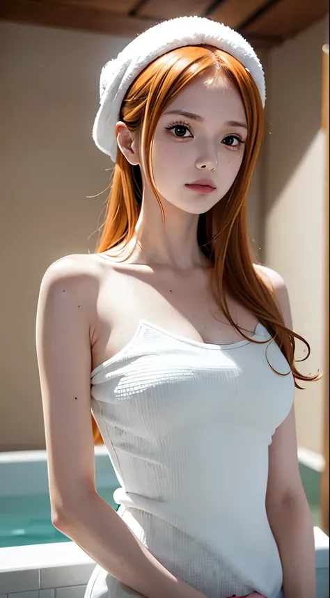 anime「one piece」Nami, Long Hair, orange hair, Wearing a white towel, Holding a towel on his head, In the bathroom, Bathtub, Perfect body, Perfect breasts, standing, Looking at the audience, masterpiece, Textured skin, Super detailed, Attention to detail, H...