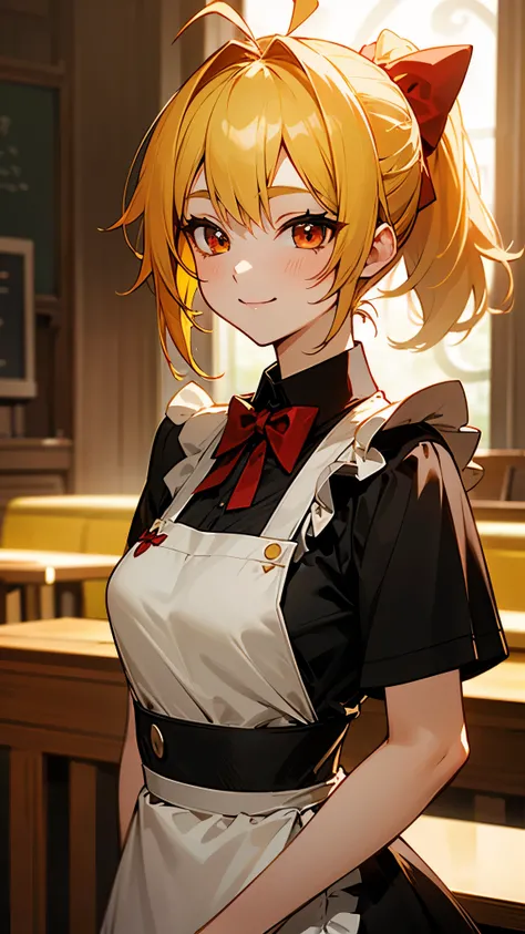 1 Girl、One person、Depth of written boundary:1.2、Red ribbon、Red bow tie、Black Shirt、Short sleeve、Black Skirt、apron、ギンガムapron、Employee uniforms、High Waist Skirt、Waitress、(Yellow Hair、Ponytail、Ahoge)、Big Red Eyes、smile、Dazzling Light、smile、From the side、Upper...