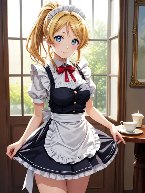 masterpiece、Best Quality、One Girl、(Anime illustration style:1.3),(masterpiece、Best Quality)、1 Girl、 Eri Ayase、Blonde Hair、Blue Eyes、ponytail、Standing、 smile、Closed Mouth、 (ビクトリア朝Maid服:1.2）、Maid、White thighs、 Cafe、table、Sharp pupils、(Genuine、Realistic、Reali...