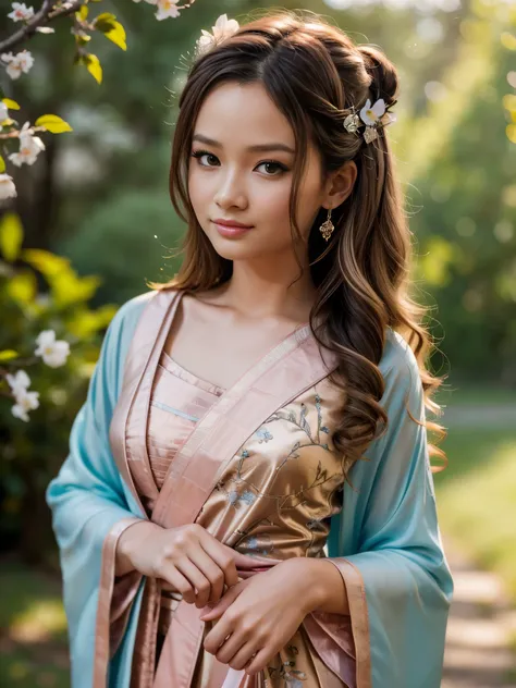 Superb Quality, Masterpiece, High Resolution, 1Girl, Blush, (Charming Smile: 0.8), Star Eyes, Chinese Hanfu, Hair Accessories, Jewelry, Beauty, on_body, Tyndall Effect, Realistic, Peach Blossom Forest, Light Edge, Two-tone Lighting, (High Detail Skin: 1.2)...