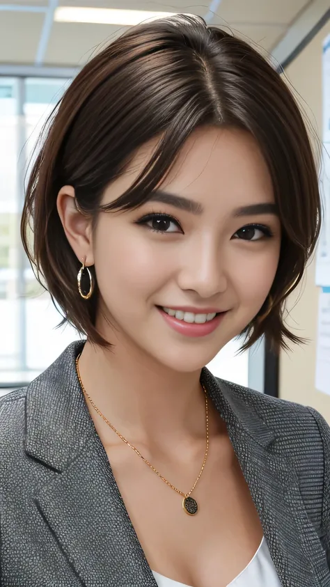 RAW Photo High Resolution, Very detailed, Intricate details, 、ear piercing、、Short Hair、Dark Brown Hair、Office Lady Suits 、smile、jacket、shirt、Heavy makeup、Necklace on neck、, The background is the office
