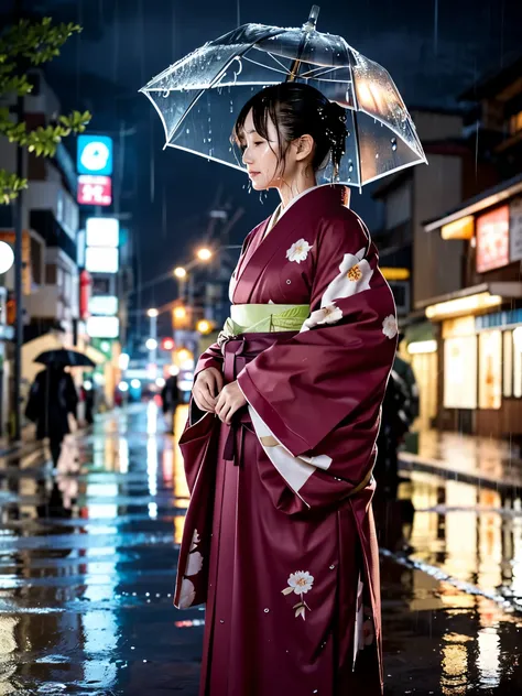 Realistic, Japanese-style architecture, long-sleeved kimono, hakama, long hakama, floral kimono, wet clothes, soaking wet clothes, clothes that glow when wet, clothes with a wet texture, clothes that get wet and stick to the body, night, getting wet in the...