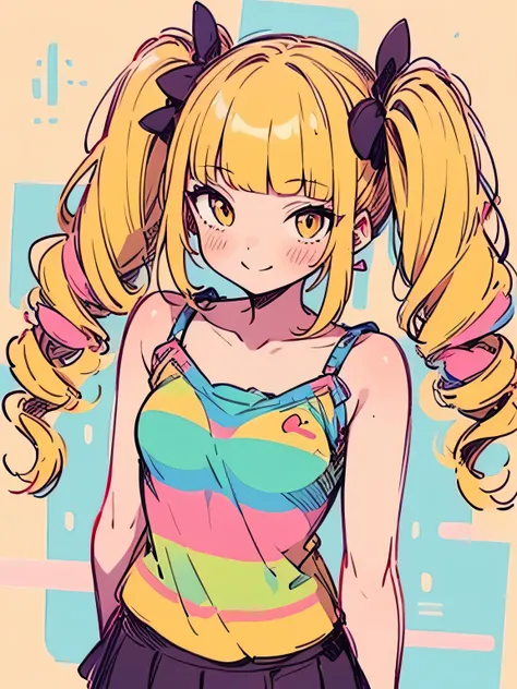 solo,upperbody,(pastel orange color side drill twintail),(blunt bangs),camisole,miniskirt,rainbow design, smile,(manga style),(sketch),(illustration),