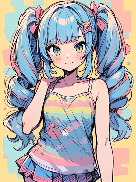 solo,upperbody,(pastel orange color side drill twintail),(blunt bangs),camisole,miniskirt,rainbow design, smile,(manga style),(sketch),(illustration),