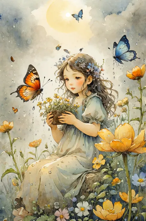 ultra hd flower paintings, butterfly and water drops reflecting sunlight、girl and butterfly、pearly sunlight、on a hill full of bl...