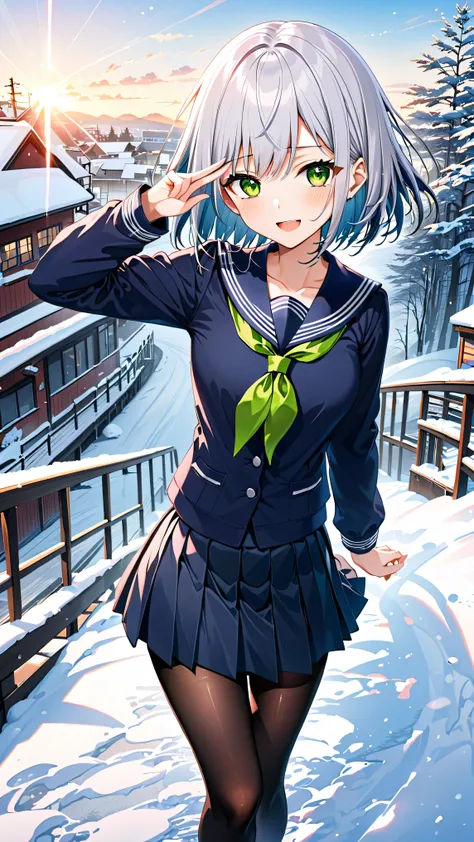 One girl, High school girl, Game CG, 
Funny pose, salute, Cold Morning, White Breath, Laughing/A proud laugh, View your viewers, Active, 
bob cut, silver Hair, green Eyes, Beautiful Face, Beautiful Hair, High chest, Firm breasts, Painted eyes, Beautiful bo...