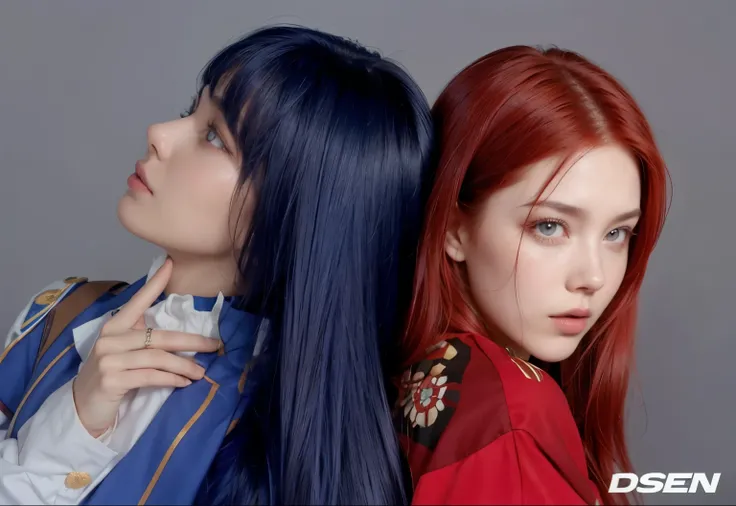 Dark blue haired woman and red haired woman 