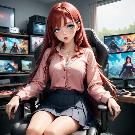 full body, looking at viewer, bright blue eyes, beautiful face, perfect face, perfect hands, perfect legs, super detailed clothing, intricate clothing, Sitting in a gaming chair color: random, long pony hair, Wearing a colored blouse : Random, long-sleeved...