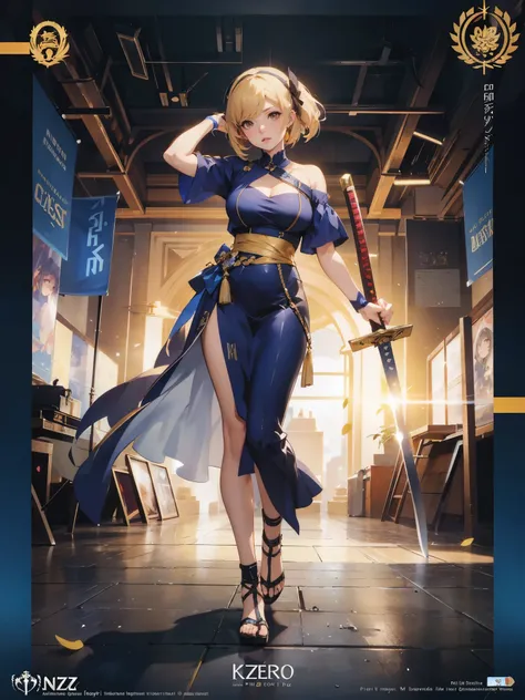 anime - style illustration of a woman in a blue and gold outfit, katana zero video game character, official character art, trending on cgstation, azur lane style, e-girl, e - girl, cushart krenz key art feminine, full body, female action anime girl, 