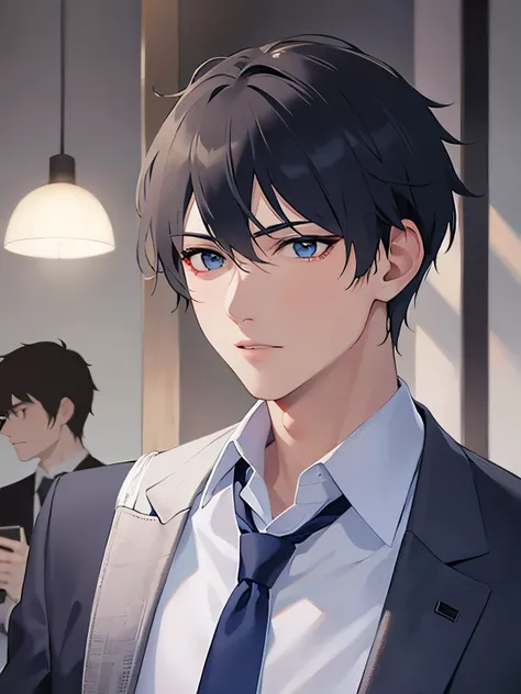 side angle,upper body,
shiny skin, masterpiece、Best Quality、(2 male:1.5) and (Black short hair) and (blue eyes), 
(white collared shirt) and (Blue tie)
blush,open mouth,
The background is the interior of a restaurant at night.、(alone:1.5)