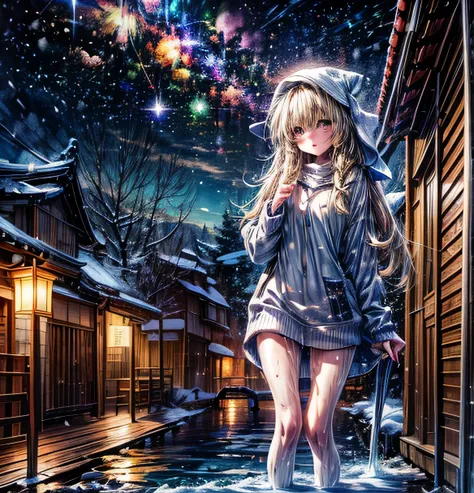 Oriental Project　　Beauty　Blonde Kirisame Marisa　　温泉♨️　bathing　Completely naked　Snow Scene　night　Milky Way Galaxy　Edo period streetscape