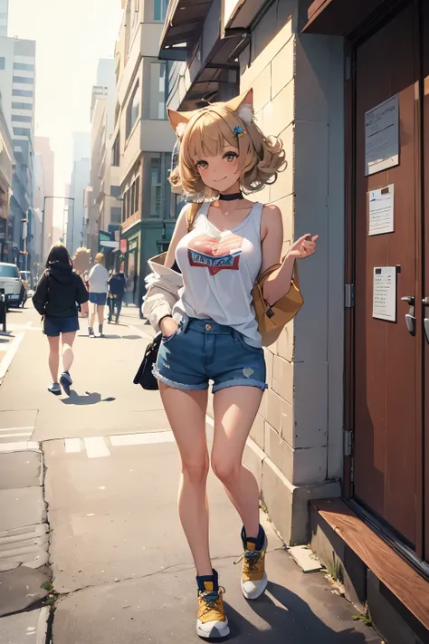 (masterpiece, top quality, best quality, less detail), upper camera angle, 1 catgirl, full body, tabby beige cat tail, short curly hair, (blue highlights in hair), beige tabby cat ears, walking in the city, (pear body shape), light tan, shorts, tank top, s...