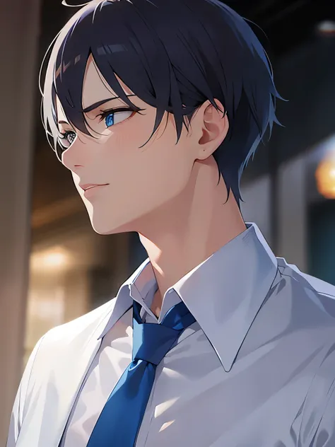 side angle,upper body,
shiny skin, masterpiece、Best Quality、(2 male:1.5) and (Black short hair) and (blue eyes), 
(white collared shirt) and (Blue tie)
blush,open mouth,
The background is the interior of a restaurant at night.、(alone:1.5)