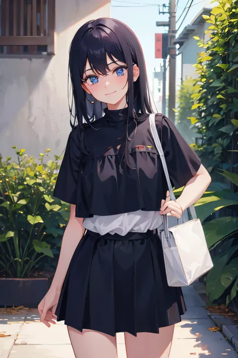 a girl closed eye smilinghand on the cheek long sleevd top and skirt , black hair