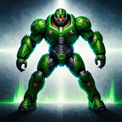 A highly detailed portrait of Dr. Doom, the Marvel supervillain, wearing a green armor suit, standing next to Iron Man, intricate mechanical details, cinematic lighting, digital art, photorealistic, 8k, award-winning illustration, dramatic shadows and high...