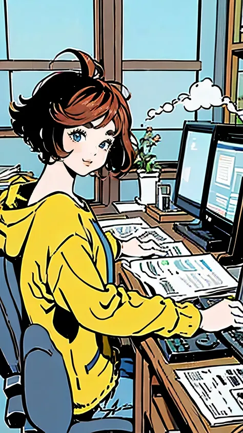 A cozy retro workspace scene featuring an old-fashioned beige computer setup. The scene captures a nostalgic aesthetic reminiscent of a 90s anime environment, with soft lighting creating a warm atmosphere. The desk is cluttered with scattered papers and a ...