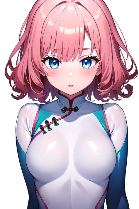 1 girl,boyish, curly hair, pink Hair, medium Breasts, glossy tight Chinese style zero suit, (Chinese style:1.3),. blush,blue eyes,Tight fit,clearly, (white background:1.3), (glossy:1.5),