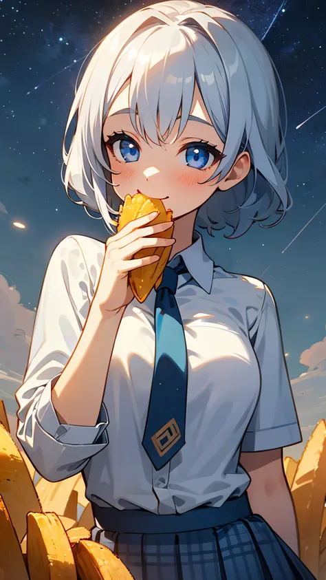 1 Girl、One person、Depth of written boundary:1.2、Blue tie、White shirt、Blue pleated skirt、Gingham Check Skirt、Silver Hair、Big Blue Eyes、smile、really like、happiness、Eating french fries、Upper body close-up、((Outdoor、Starry sky background))、Sharp contours