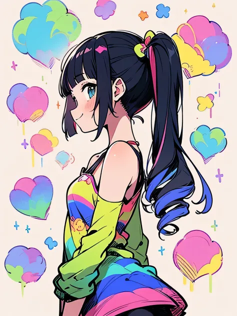 (sideview),solo,upperbody,(pastel rainbow color upside drill twintail),(blunt bangs),camisole,miniskirt,rainbow design, smile,(manga style),(sketch),(illustration),