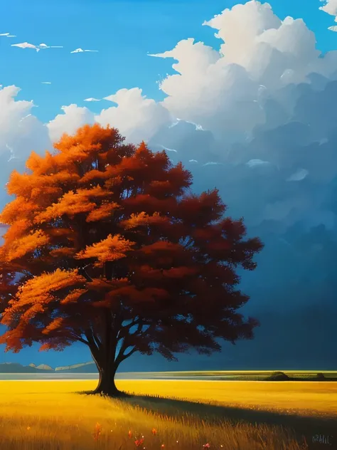 painting of a tree in a field with a cloudy sky, by RHADS, rhads!!!, by Thomas Doughty, rhads!, steven outram, inspired by RHADS, by David Inshaw, steven outram highly detailed, by Christophe Vacher, by Sheila McClean, by Melchior Broederlam, by Genevieve ...