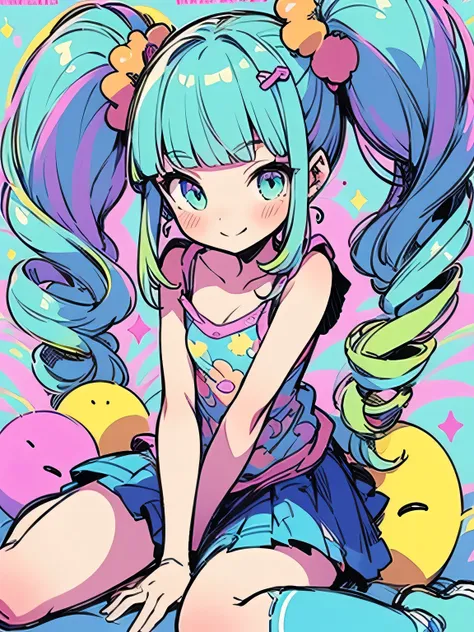 solo,(wariza),(looking away:1.3),(pastel rainbow color upside drill twintail),(blunt bangs),camisole,miniskirt,rainbow design, smile,(manga style),(sketch),(illustration),