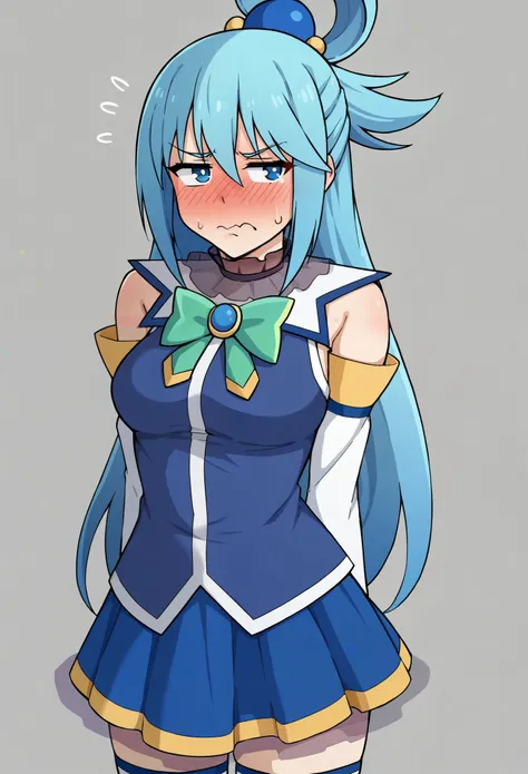 1girl, aqua heres , ((evil)),aqua (konosuba), score_9, grumpy, Alone, ((blush)) , (blush), (is embarrassed), (is embarrassed) ,((all of Aqua&#39;s clothes are torn)), naked pussy, nipple, elastic skin ,((runs)),((absolutely white background)), torn naked c...