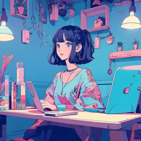 
Cartoon girl sitting at a desk with a laptop, Cartoon style illustration, Digital anime illustration, In the Bohemia art style, In the style of digital illustration, Illustration Style, Beautiful illustrations, Cute and detailed digital art, Beautiful dig...