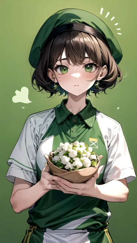 araffe dressed in a green and white uniform holding a plate of food, ( ( dark green, green and white, wearing green clothing, wearing a volleyball jersey, green clothes, dark green, ulzzang, casual green clothing, cute casual streetwear, 8k)), 🤬 🤮 💕 🎀, 8 k...