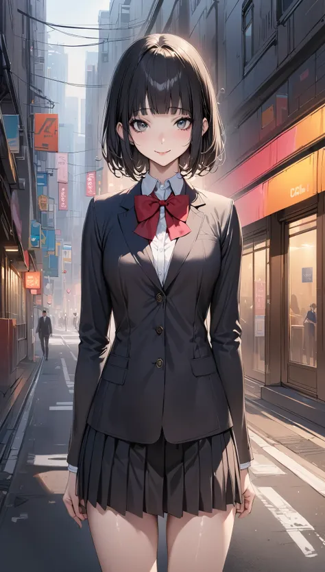 ((masterpiece,Best Quality:1.3,best quality illustrations)),realistic,cowboy shot,portrait,1 woman,(young adult),(short bob cut hair),black hair,very small head, bangs,gray eyes,(gorgeous big eyes),smile,very long body,medium breasts,(School uniform、Black ...